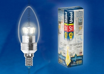 Лампа с/д Uniel Crystal свеча 5W Е14 прозрачная (алюминий) тёплый белый